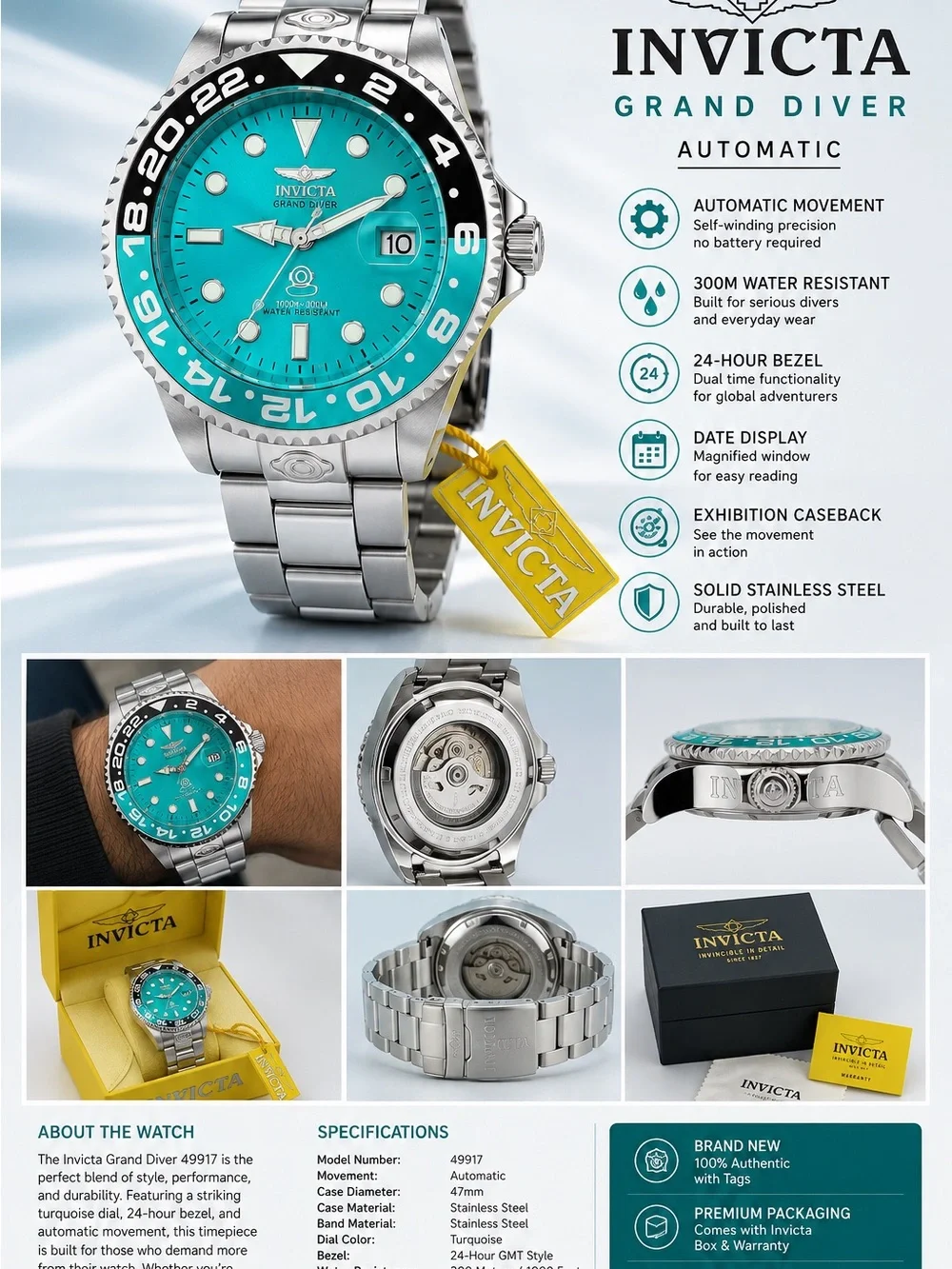 Invicta Grand Diver Men's Stainless Steel Watch - Turquoise and Black Bezel